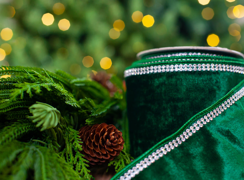 4" X 5YD Emerald Velvet Swarovski Trim Ribbon