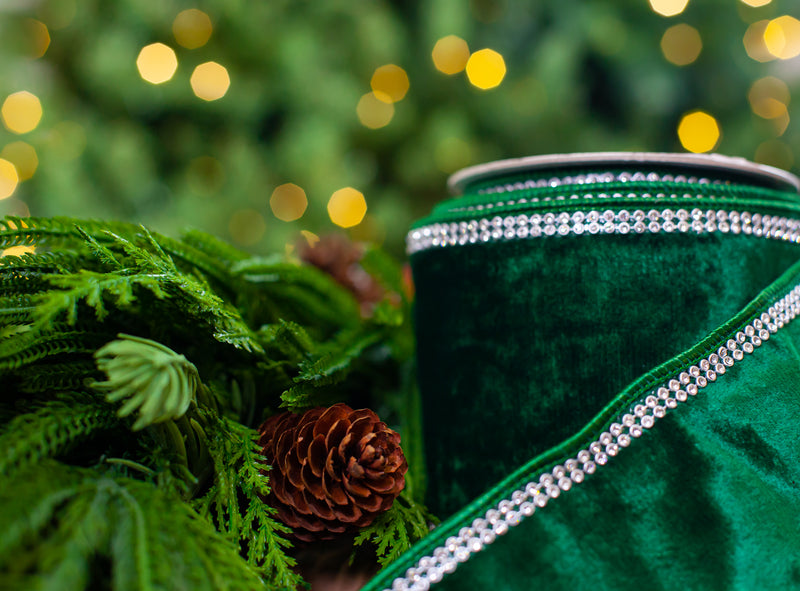 4" X 5YD Emerald Velvet Ribbon With Swarovski Trim