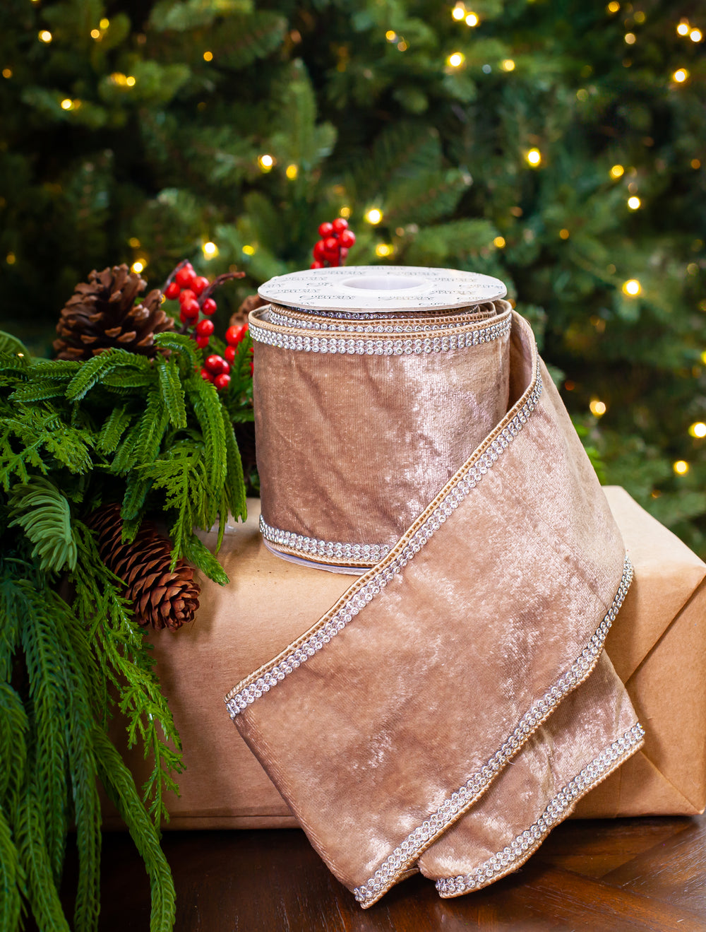 4" X 5YD Taupe Velvet Ribbon With Swarovski Trim