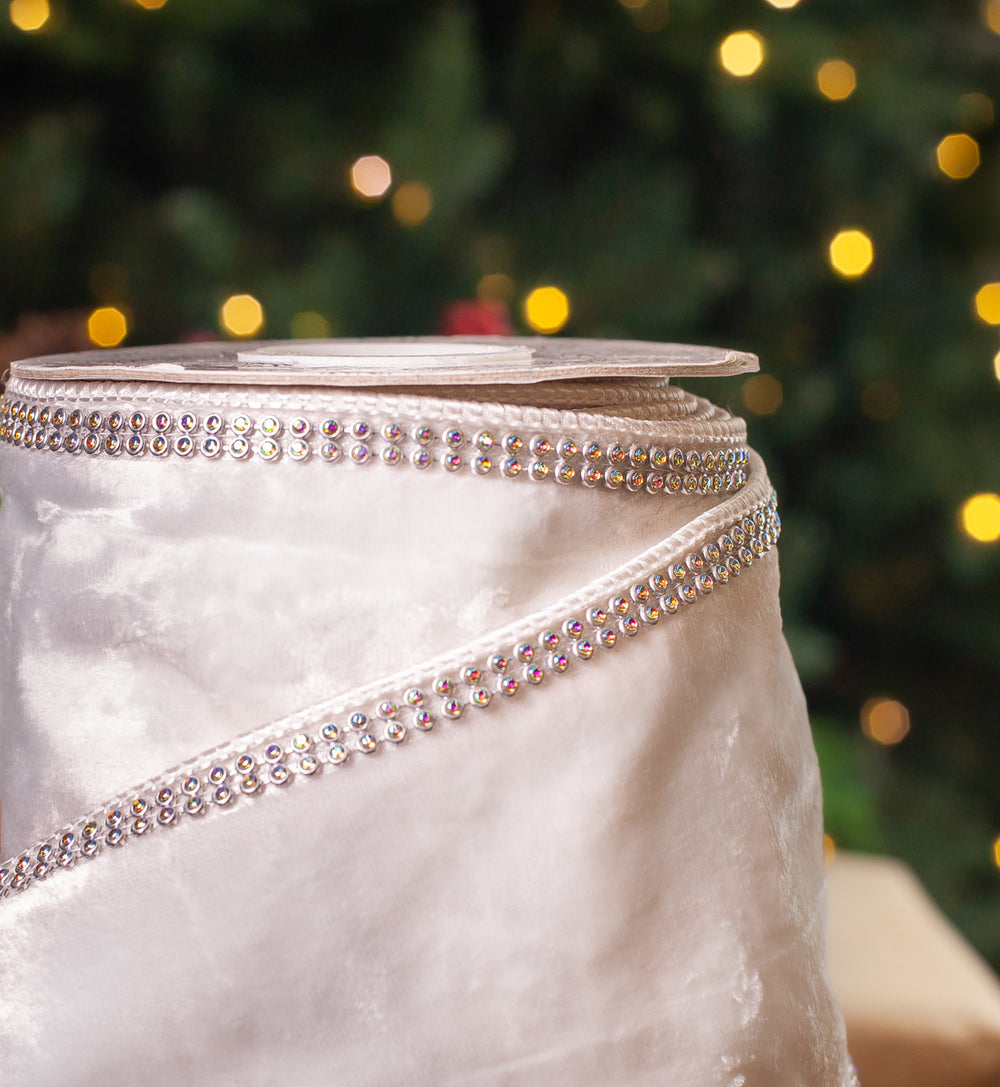 4" X 5YD White Velvet Ribbon With Swarovski Trim