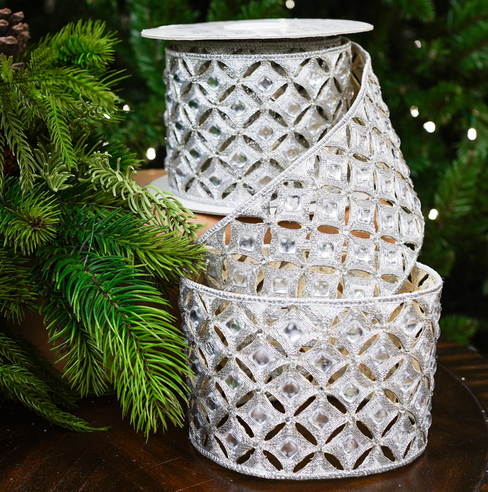 4" X 5YD Silver Beaded Jewel Trim Ribbon