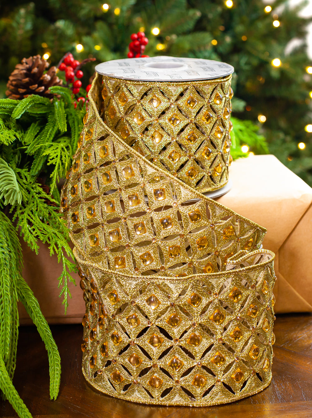 4" X 5YD Gold Beaded Jewel Trim Ribbon