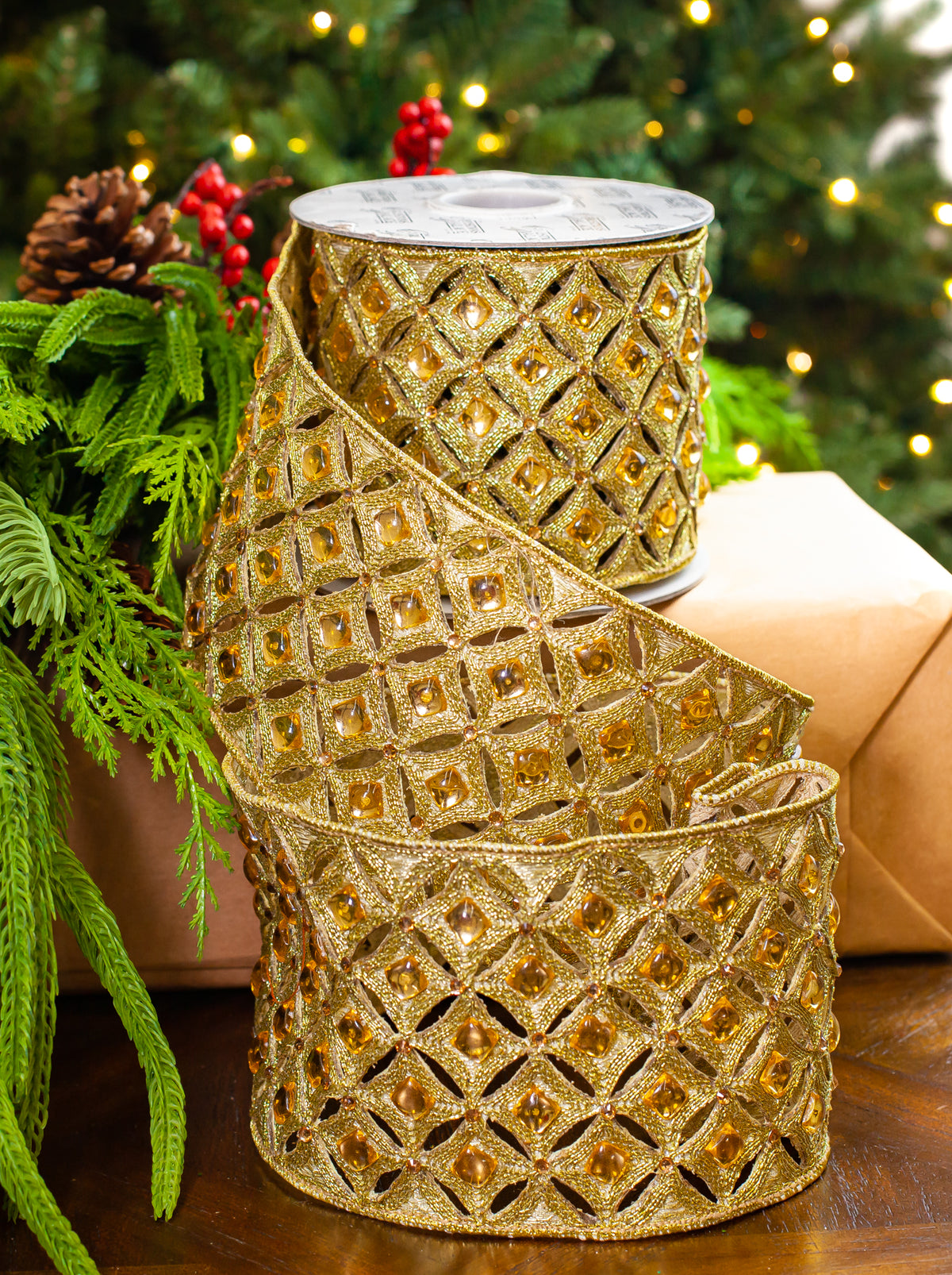 4" X 5YD Gold Beaded Jewel Trim Ribbon