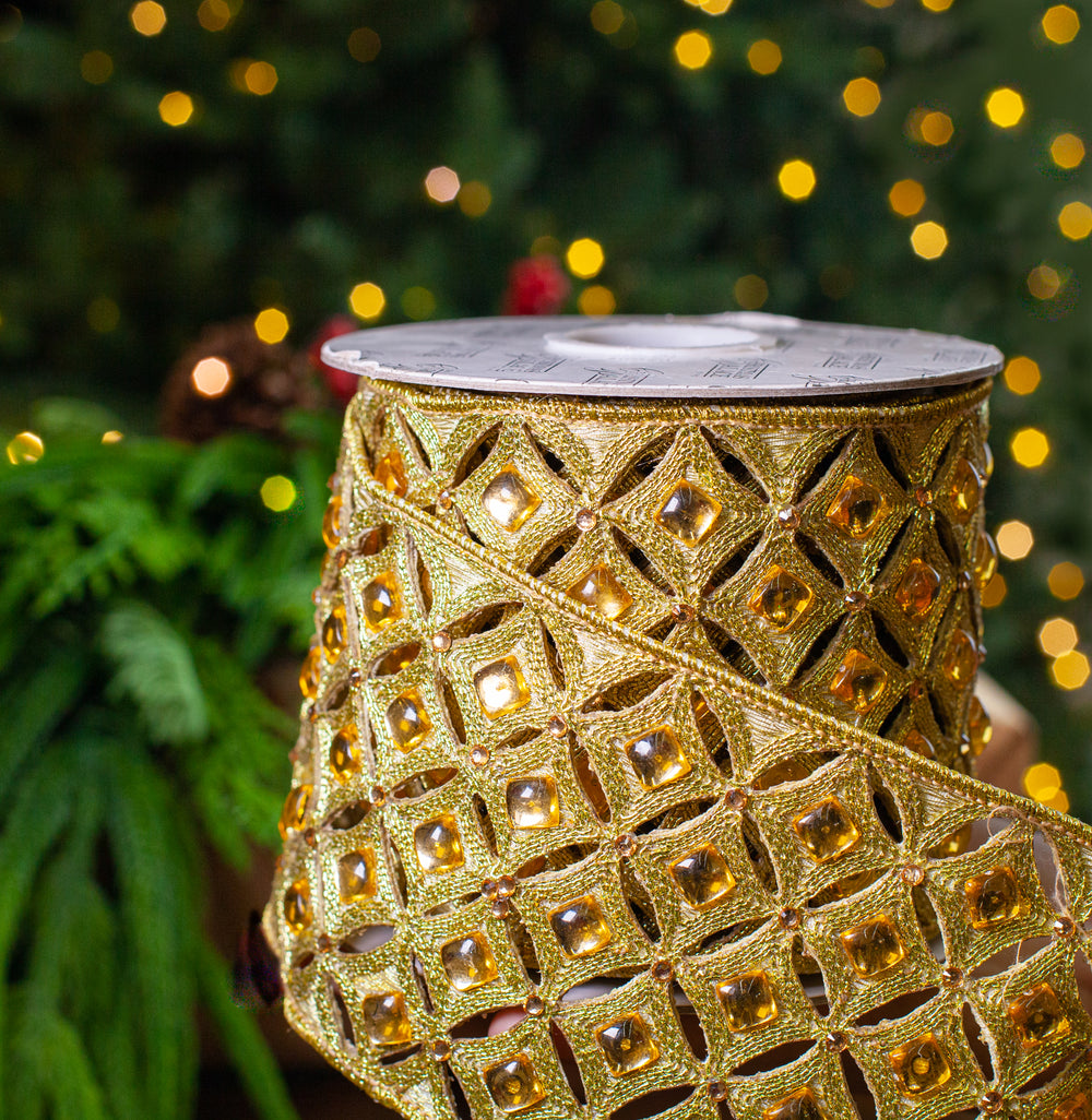 4" X 5YD Gold Beaded Jewel Trim Ribbon