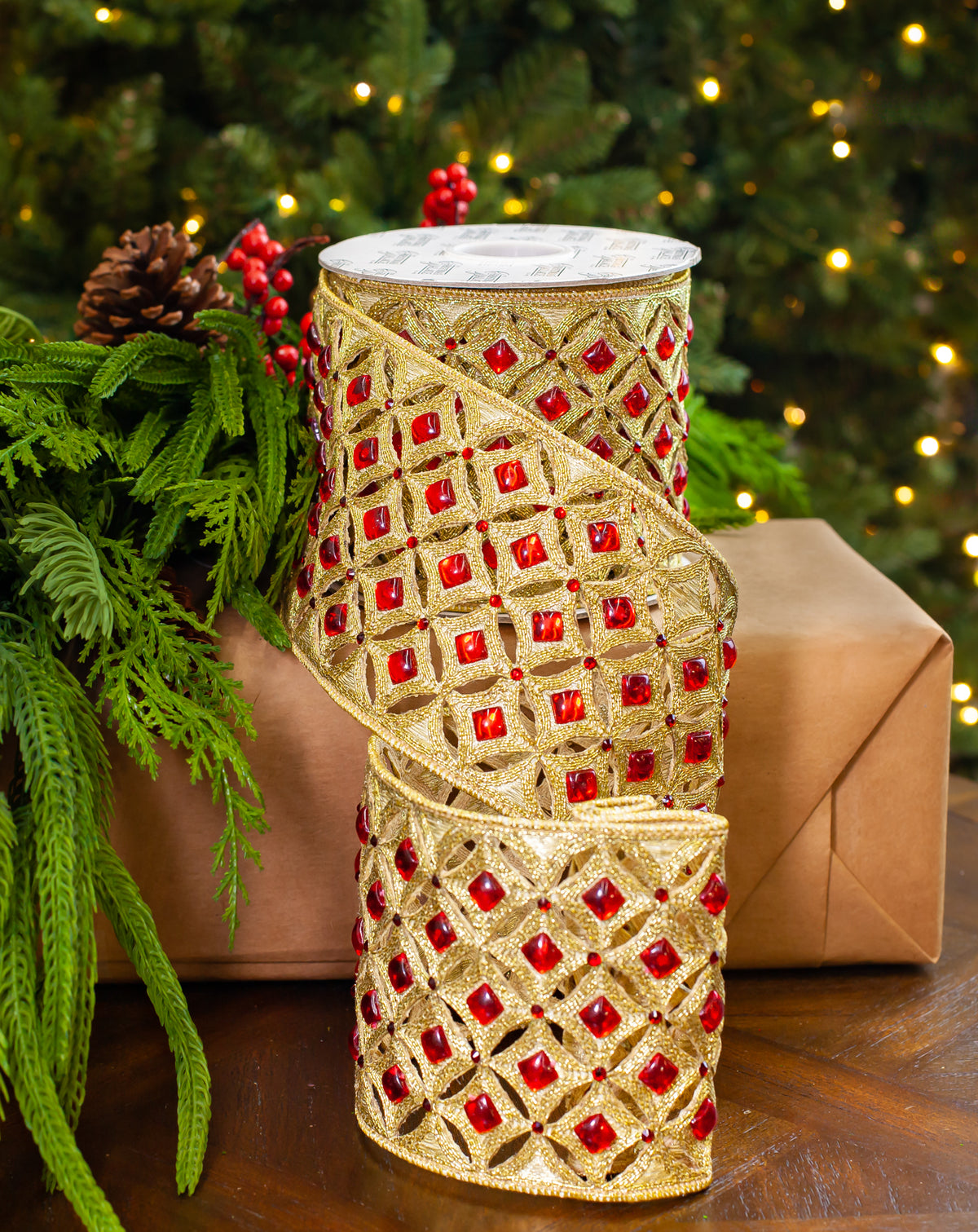 4" X 5YD Gold Beaded With Red Jewel Trim Ribbon