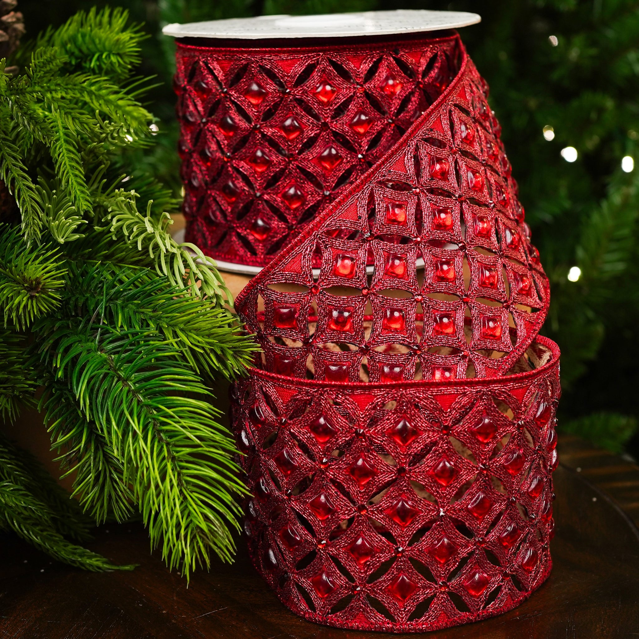 4" X 5YD Red Beaded Jewel Ribbon