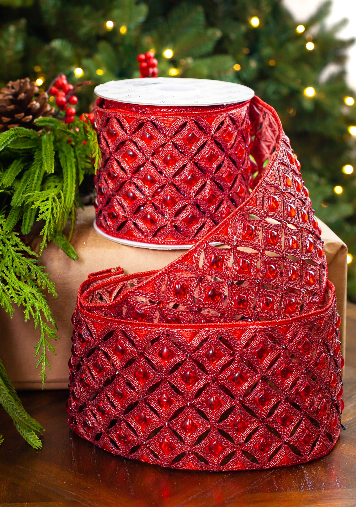 4" X 5YD Red Beaded Jewel Trim Ribbon
