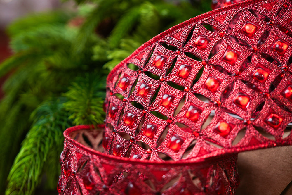4" X 5YD Red Beaded Jewel Ribbon