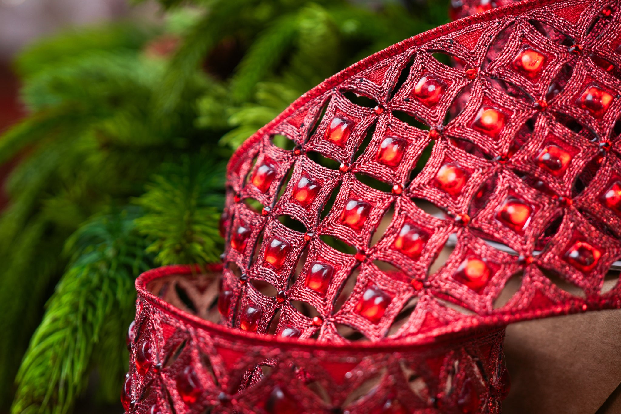 4" X 5YD Red Beaded Jewel Ribbon