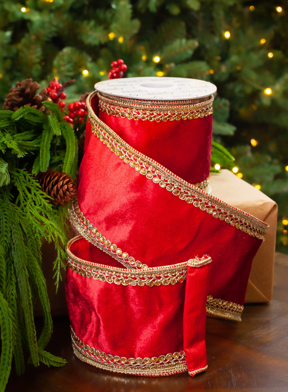 4" X 5YD Red Velvet Ribbon With Beaded Trim