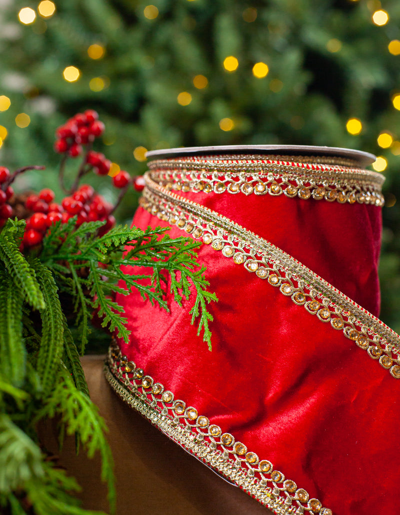 4" X 5YD Red Velvet Ribbon With Beaded Trim