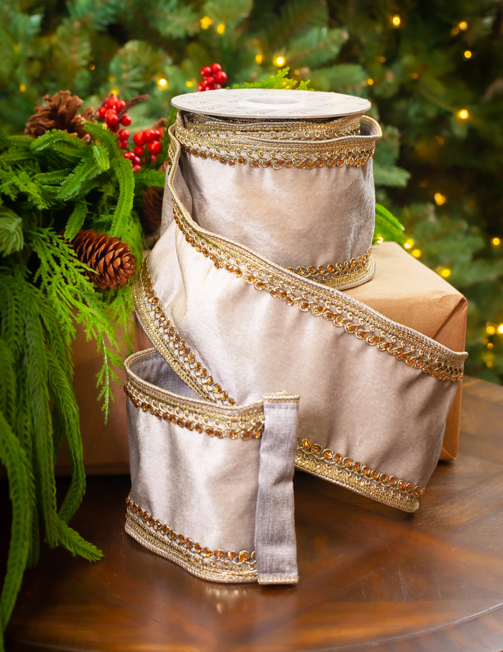 4" X 5YD Platinum Velvet Beaded Trim Ribbon