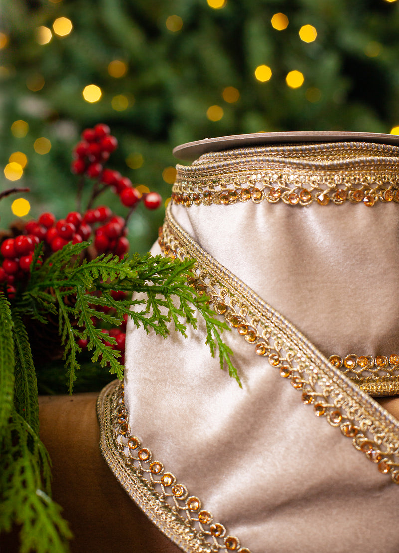 4" X 5YD Platinum Velvet Ribbon With Beaded Trim