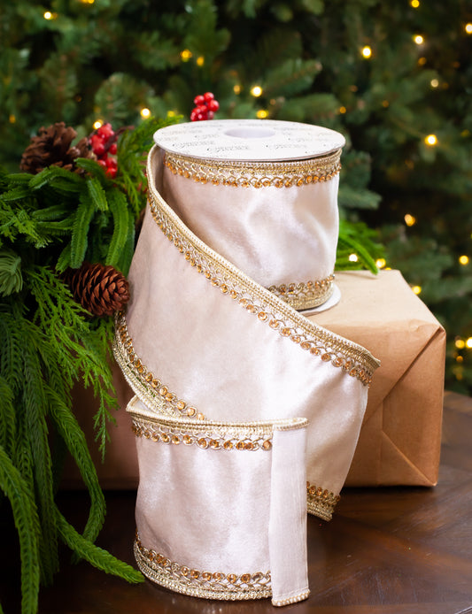 4" X 5YD Ivory Velvet Ribbon With Beaded Trim