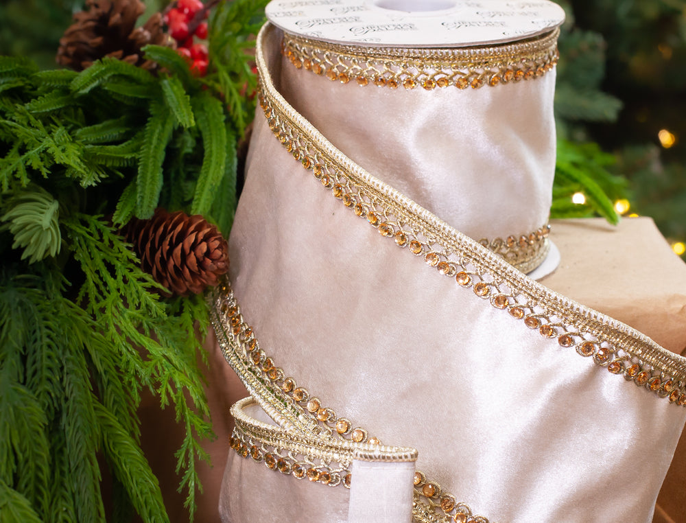 4" X 5YD Ivory Velvet Beaded Trim Ribbon