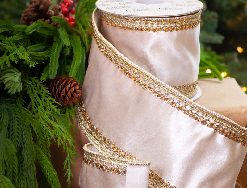 4" X 5YD Ivory Velvet Ribbon With Beaded Trim