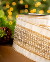 4" X 5YD Ivory White Ribbon With Beaded Pearl Center