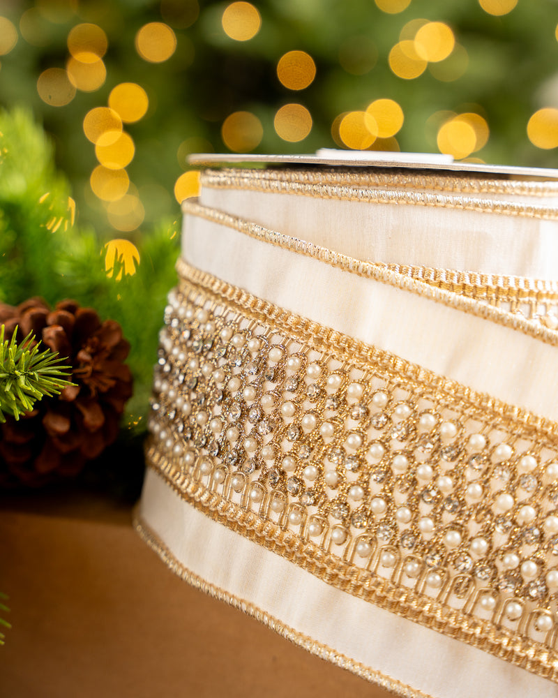 4" X 5YD Ivory White Ribbon With Beaded Pearl Center