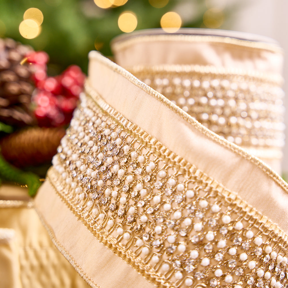 4" X 5YD Platinum Ribbon With Beaded Pearl Center