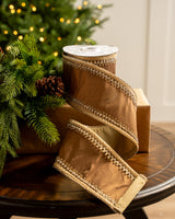 4" X 5YD Brown Ribbon With Gold Crochet Trim