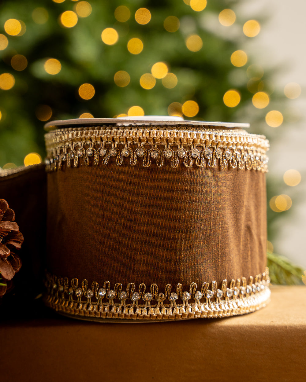 4" X 5YD Brown Ribbon With Gold Crochet Trim