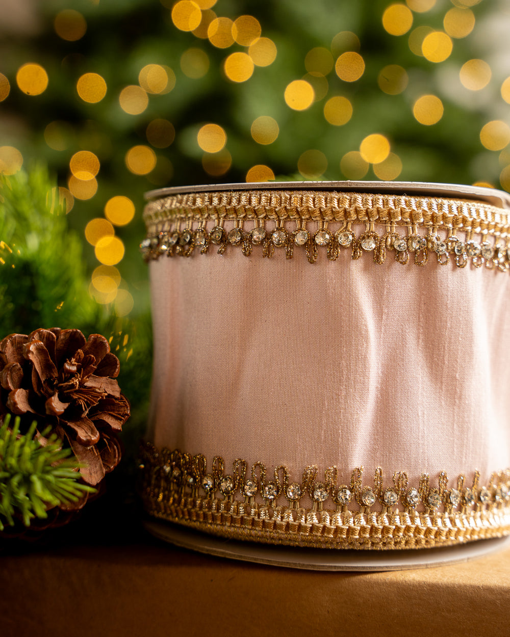 4" X 5YD Pink Ribbon With Gold Crochet Trim