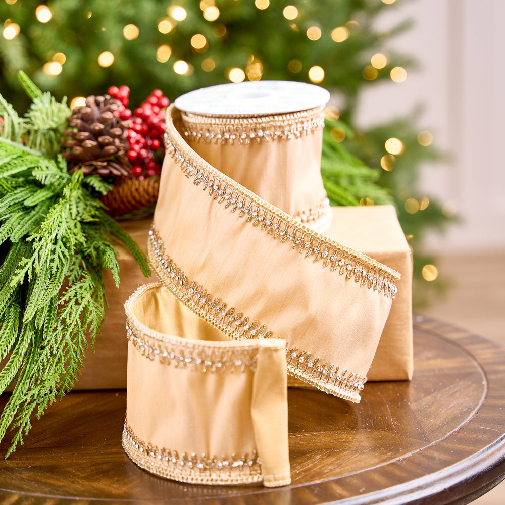 4" X 5YD Platinum Ribbon With Gold Jeweled Trim