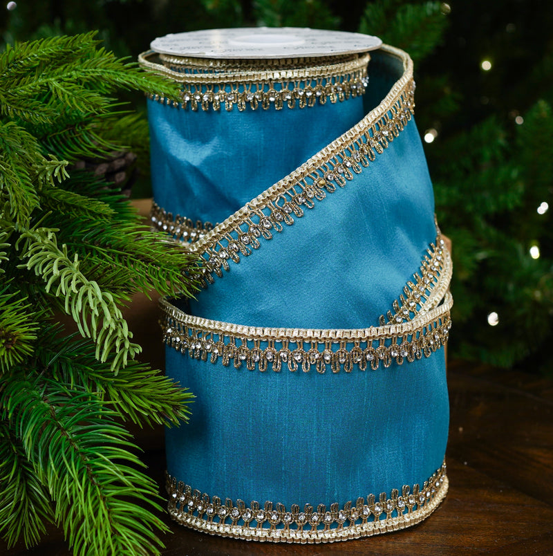 Cinta azul Tiffany de 4" X 5YD con ribete de ganchillo dorado