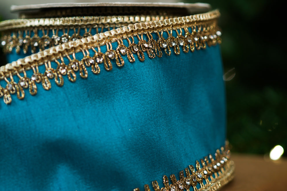 4" X 5YD Tiffany Blue Ribbon With Gold Crochet Trim