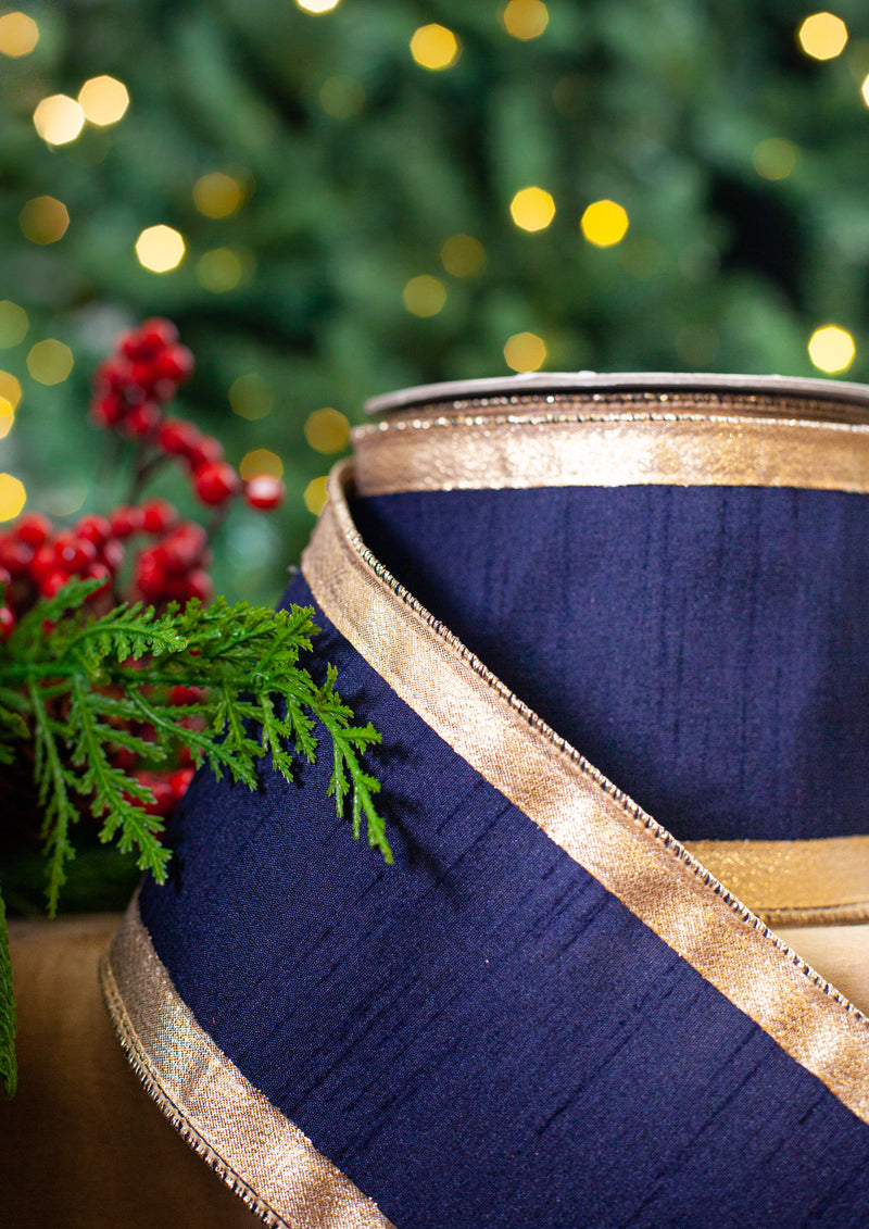 4" X 10YD Navy Blue Ribbon With Platinum Edge