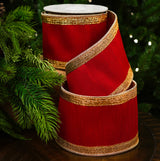 4" X 10YD Red Dupion Ribbon With Gold Sheer Back & Gold Crochet Trim