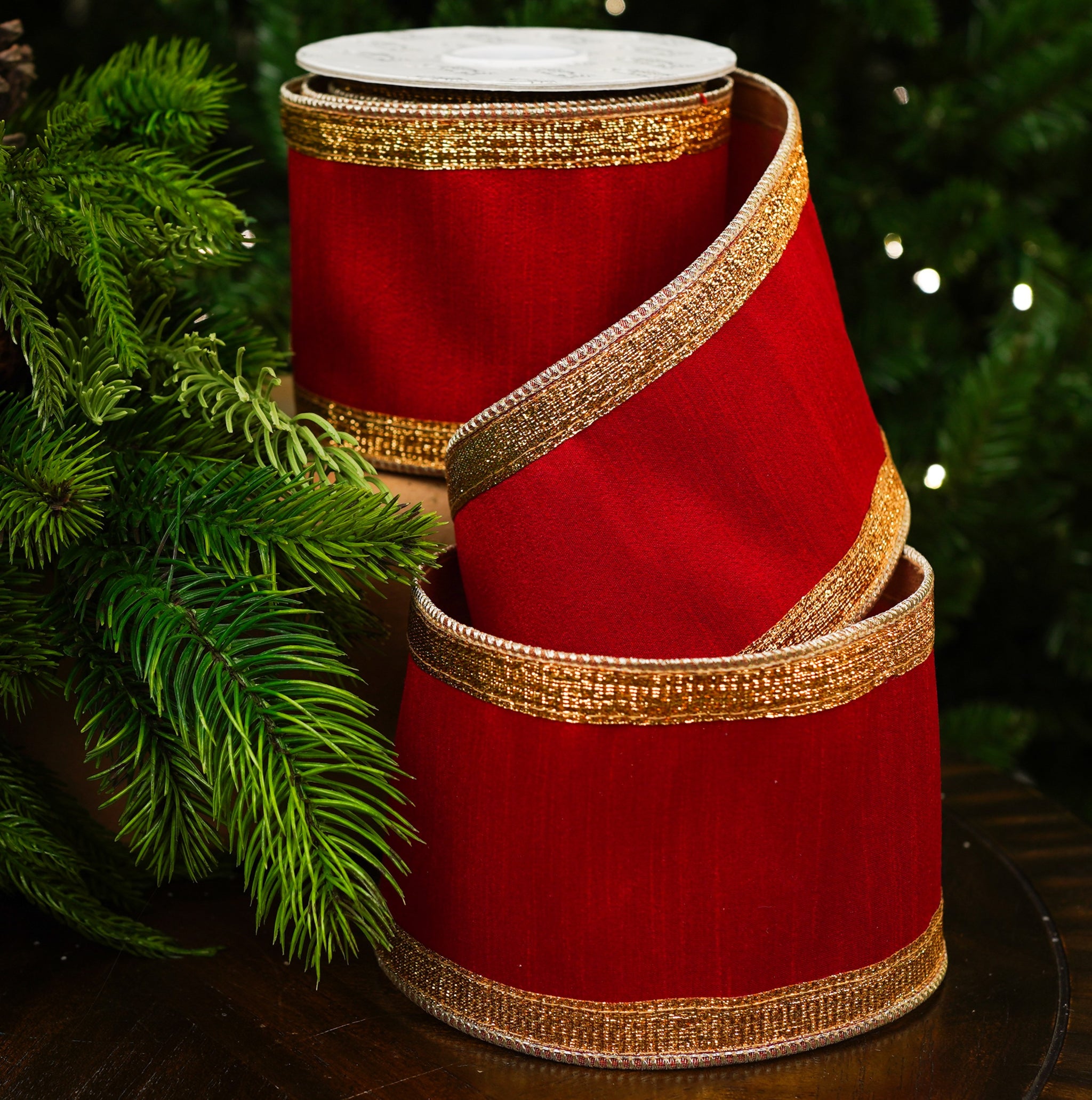 4" X 10YD Red Dupion Ribbon With Gold Sheer Back & Gold Crochet Trim