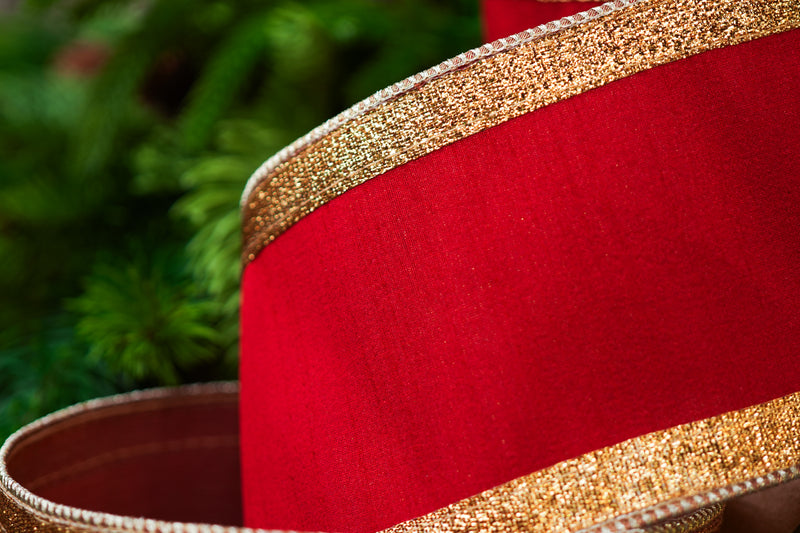 4" X 10YD Red Ribbon With Gold Crochet Trim & Sheer Back