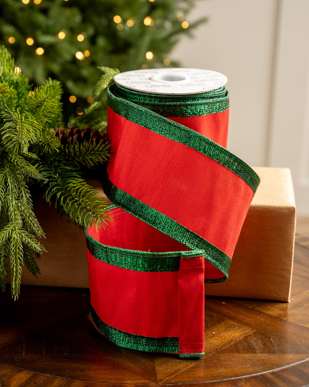 4" X 10YD Red Ribbon With Green Edge