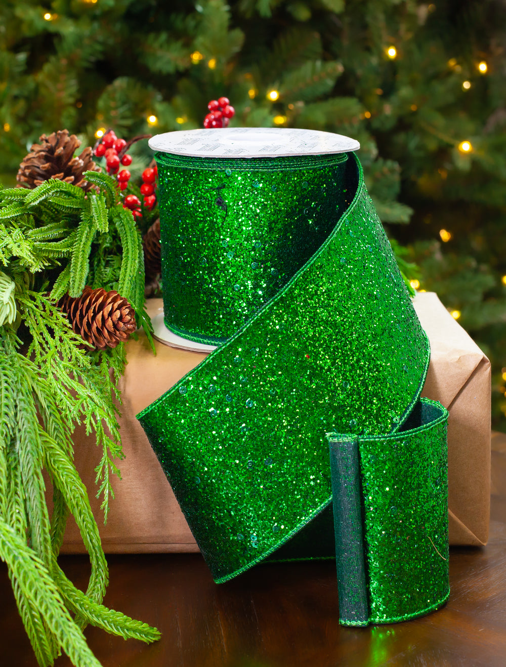 4" X 10YD Emerald Glitter Ribbon