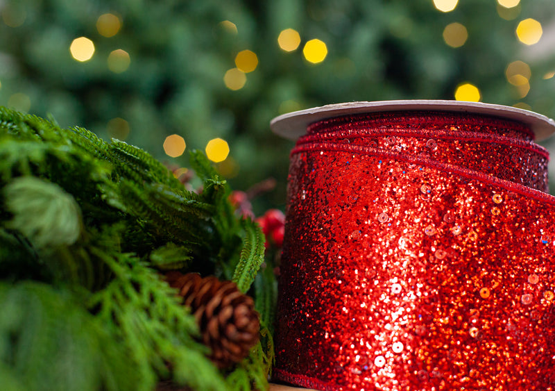 4" X 10YD Red Glitter Sequin Ribbon