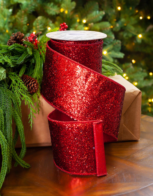 4" X 10YD Red Glitter Sequin Ribbon