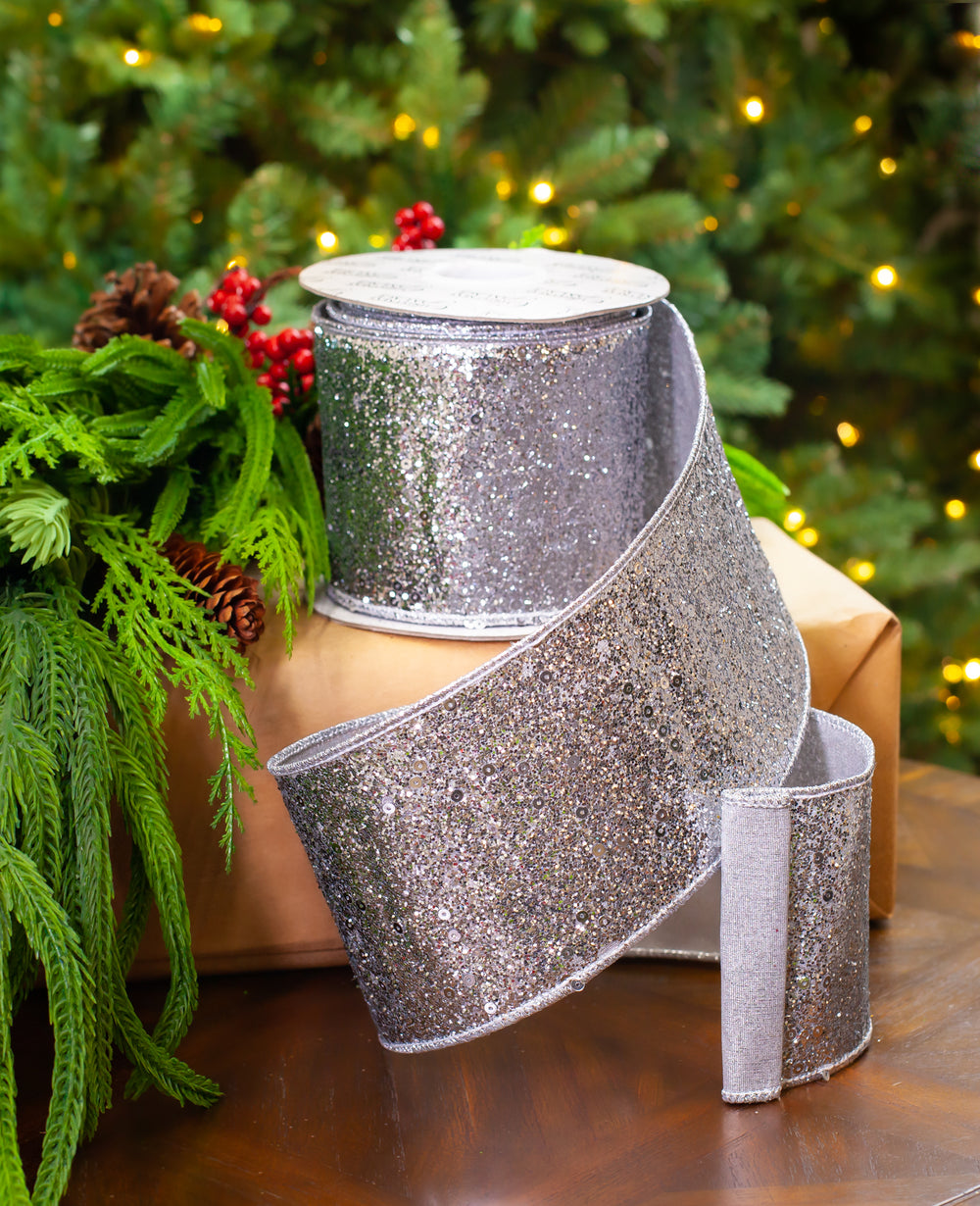 4" X 10YD Silver Glitter Ribbon