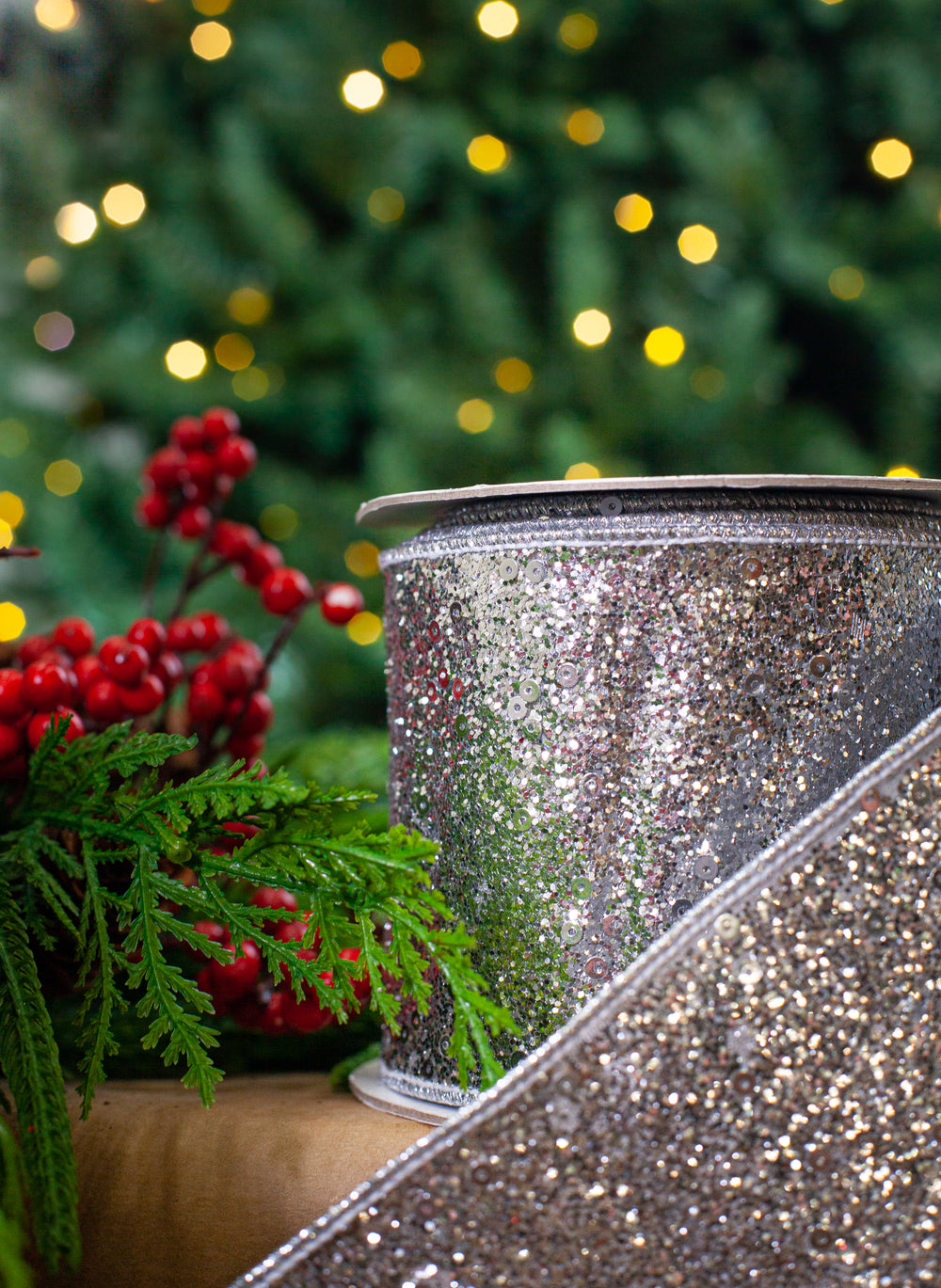 4" X 10YD Silver Glitter Ribbon