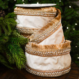 4" X 10YD Ivory Gold Pearl Ribbon With Silver Jewels