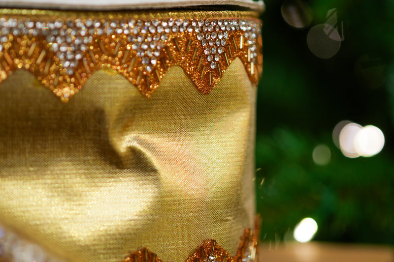 4" X 10YD Light Gold Ribbon With Rhinestone Trim