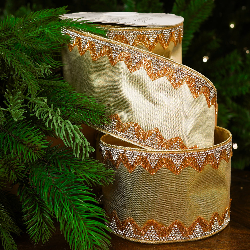 4" X 10YD Light Gold With Rhinestone Trim Ribbon