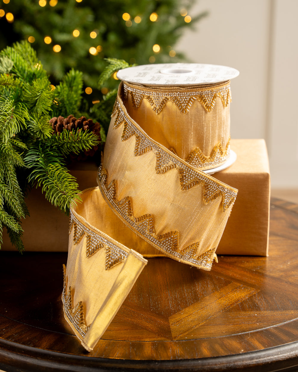 4" X 10YD Gold Ribbon With Jeweled Trim