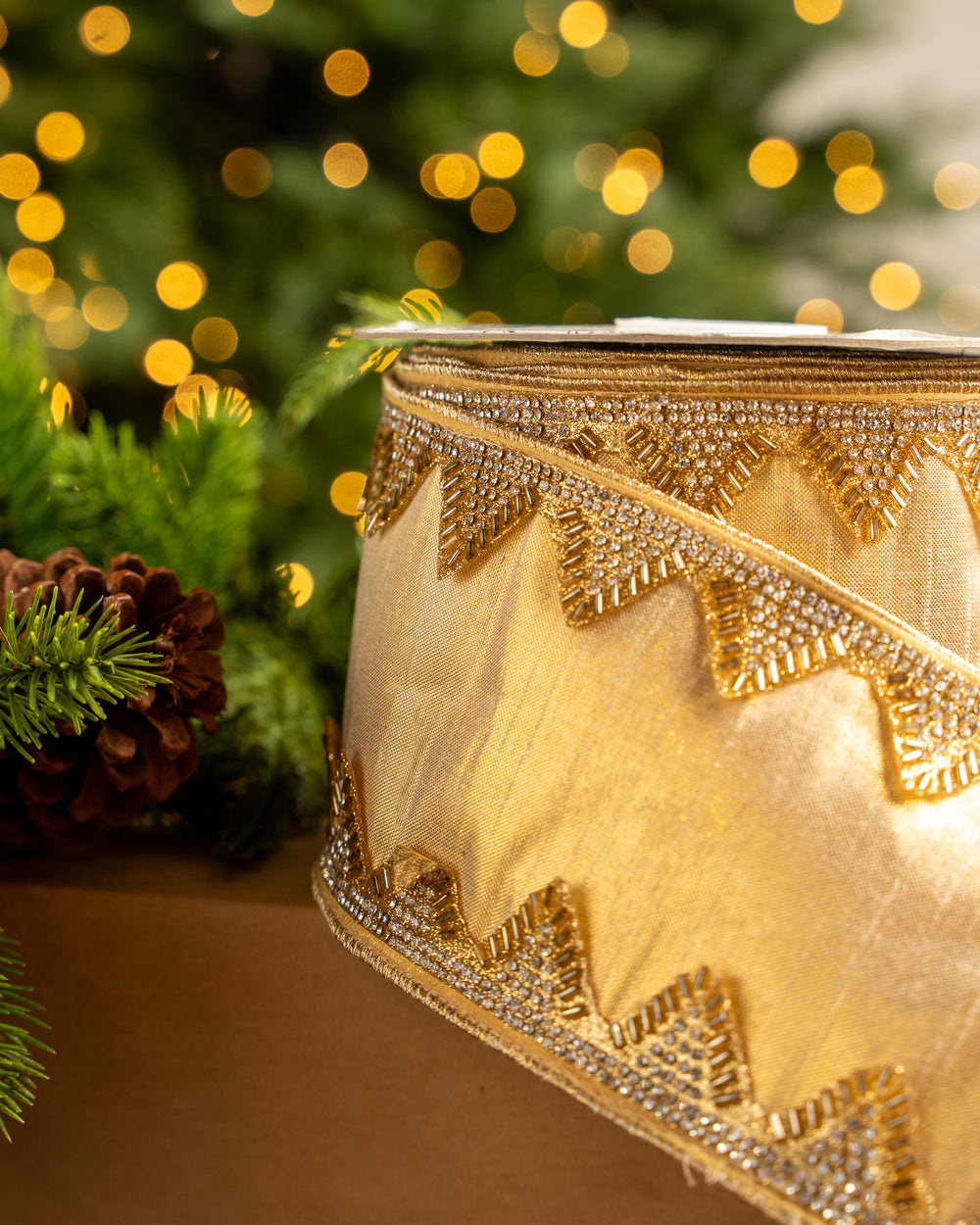 4" X 10YD Gold Ribbon With Jeweled Trim