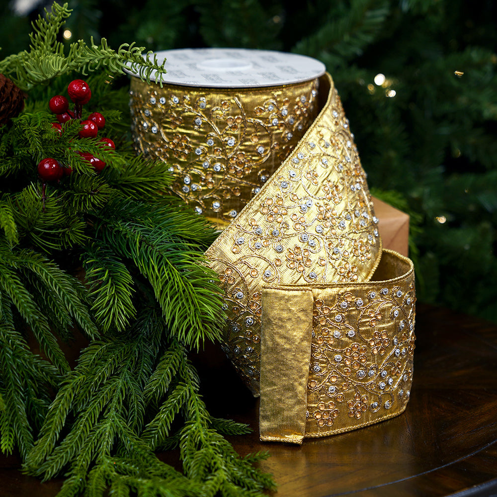 4" X 10YD Gold Jewel Embroidery on Gold Lame Back Ribbon