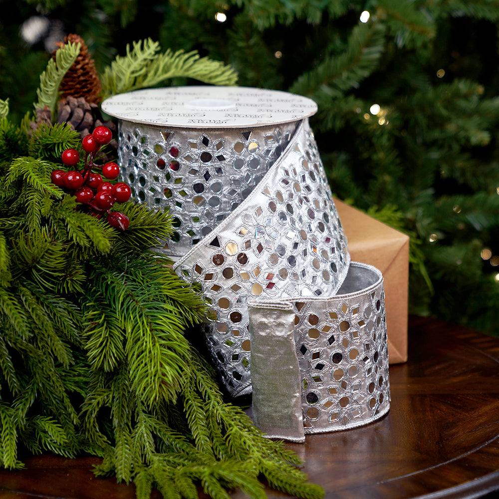 4" X 10YD Silver Mirror Embroidery Ribbon