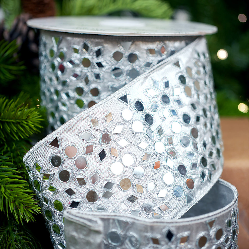 4" X 10YD Silver Mirror Embroidery Ribbon