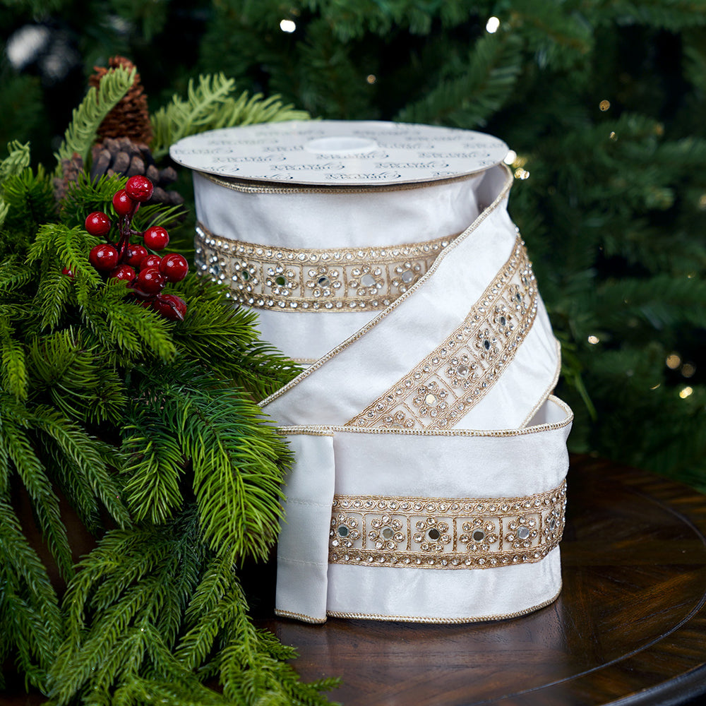 4" X 10YD White Ribbon With Gold Jewel Center