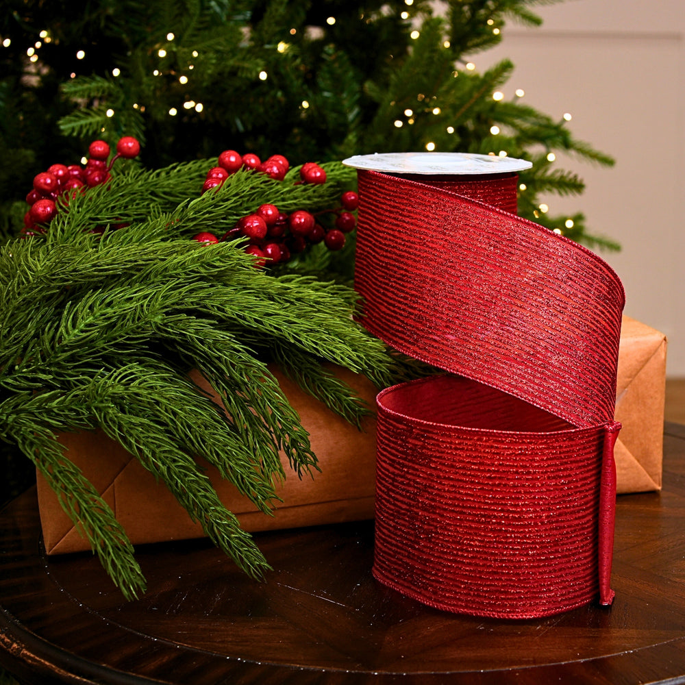 4" X 10YD Red Glitter Line Ribbon