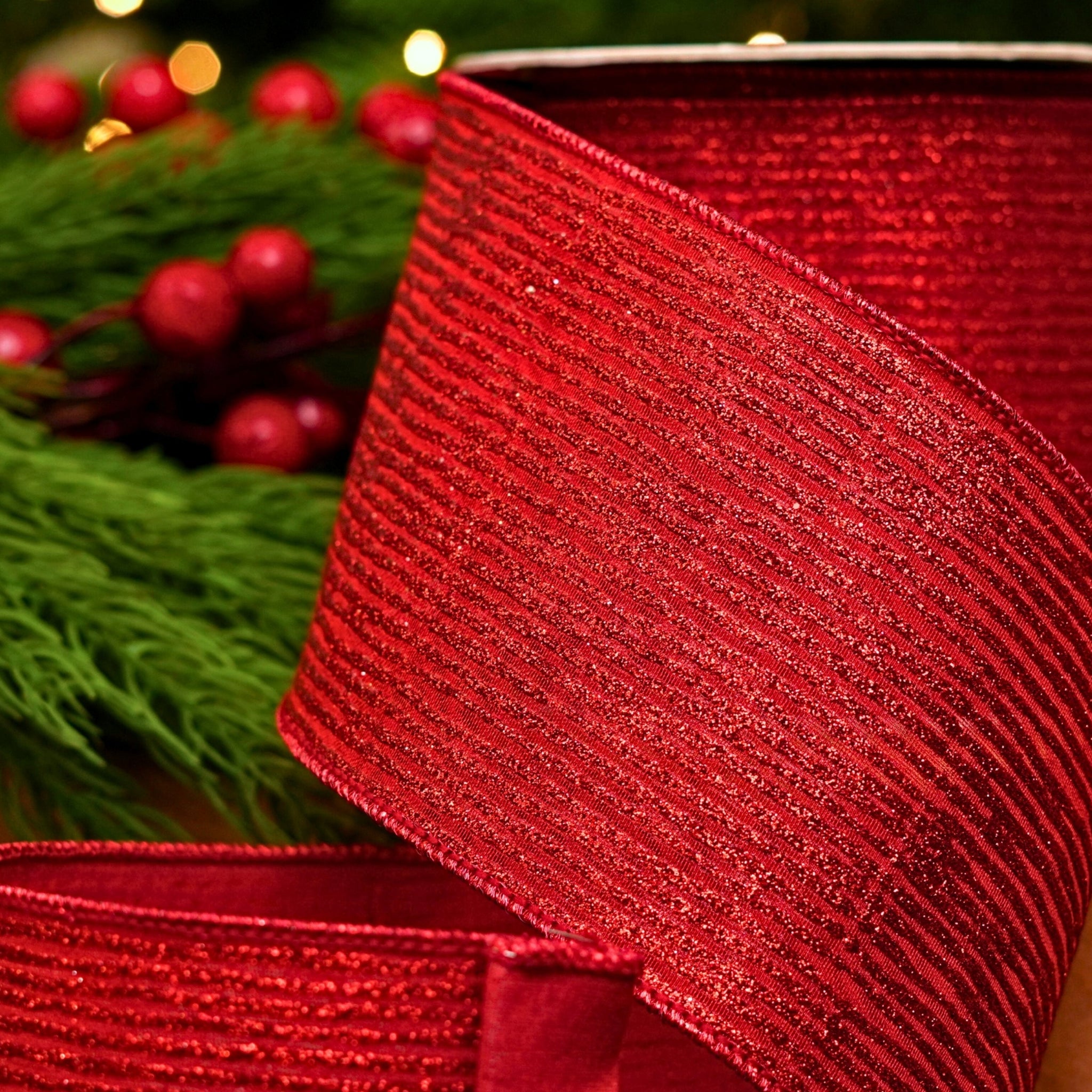 4" X 10YD Red Glitter Line Ribbon